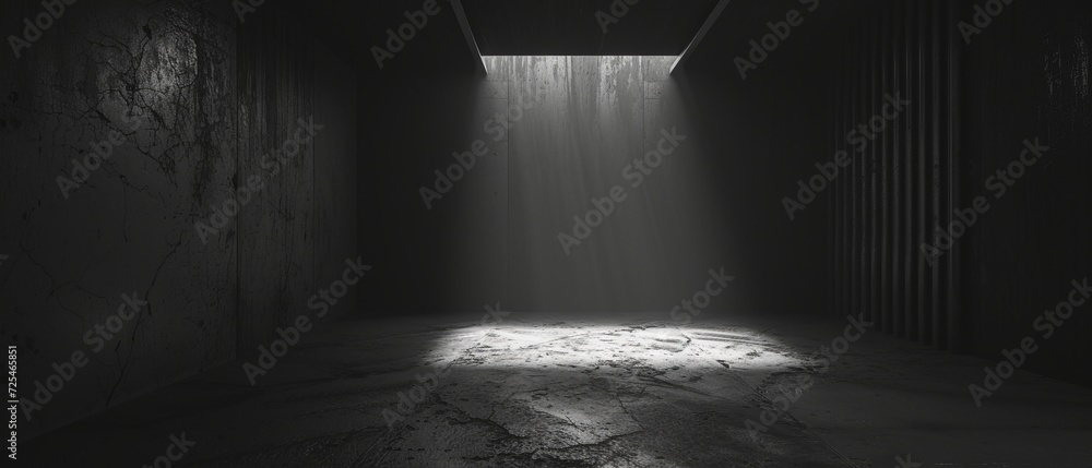 Poster a studio room with a matte black abstract space, featuring minimalistic geometric sculptures that cr