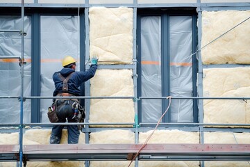 Worker applies insulation with glass wool for energy saving on a new construction site. Generative AI