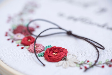 Close-up of an embroidery hoop with a floral decoration