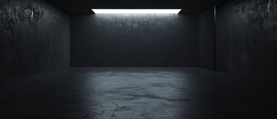A studio submerged in shadow, with jet-black walls and ceiling, emanating a sense of solitude and vast emptiness.