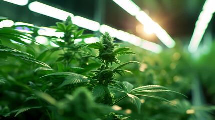 Cannabis plants in a grow room under lights