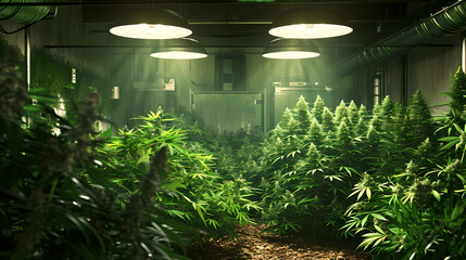 Cannabis plants in a grow room under lights