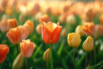 Orange Tulip, Standing in The Center of a Large Group of Tulips in Front of a Green Field, in The Style of Romantic Soft Focus and Ethereal Light. Selective Focus