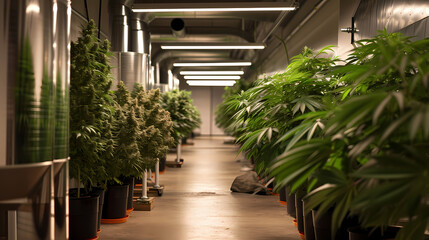 Cannabis plants in a grow room under lights