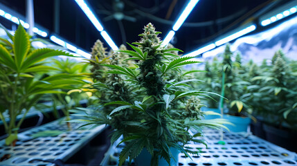 Cannabis plants in a grow room under lights