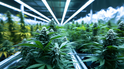 Cannabis plants in a grow room under lights