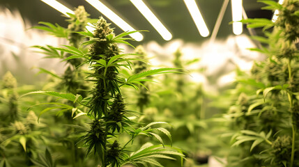Cannabis plants in a grow room under lights
