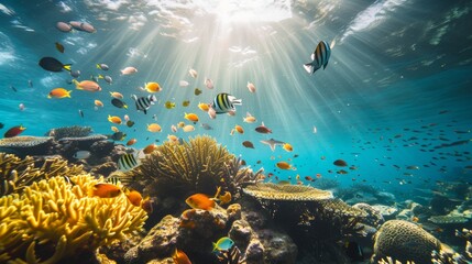 Vibrant Coral Reef with School of Colorful Tropical Fish AI Generated. - obrazy, fototapety, plakaty