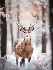 Naklejka na ściany i meble portrait of a deer in the winter forest. 