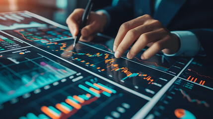 presentation Business data and stock market analysis, currency exchange. Businessman woman analyzing financial graph, forex chart, economic growth, business finance