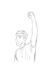 sketch of a male activist voicing enthusiasm, raising his hand and waving a white flag