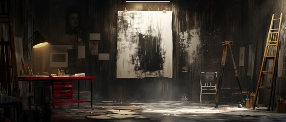An artistic studio room, enveloped in a pitch-black abstract environment, highlighted by spotlights on avant-garde art pieces.