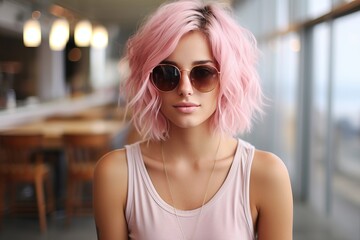 Stylish woman with pink hair in cozy cafe setting, great for personalized messages or promotional content