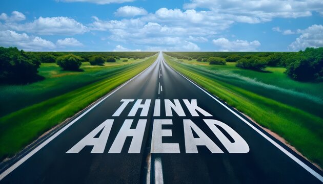 Straight highway/road cutting through lush meadows with bold 'THINK AHEAD' text on the pavement under a clear blue sky, depicting forward thinking and planning. 