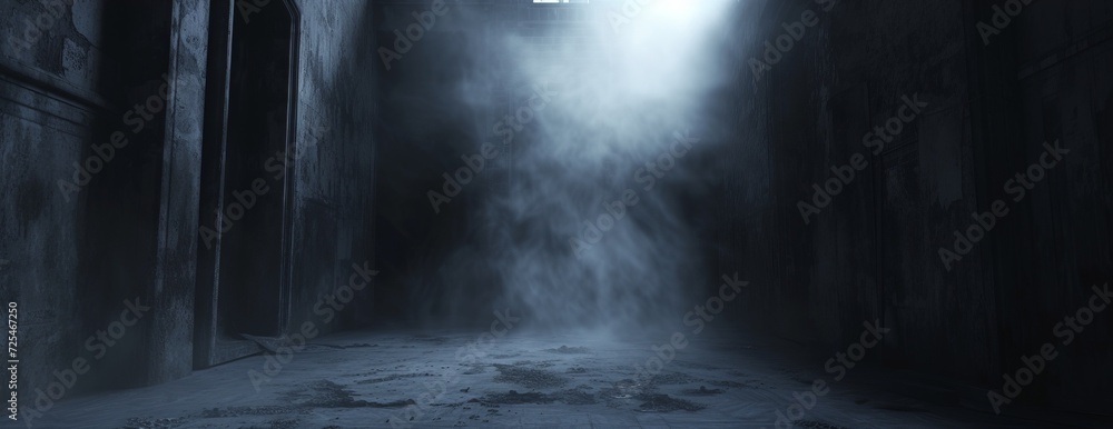 Poster an enigmatic dark studio, with walls of smoky black, creating an illusion of endless depth and myste