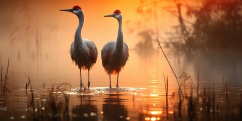 Two Cranes on the lake, beautiful sunrise. Theme of love and family in nature. Generative AI