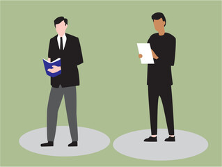 Two businessmen in suits looking at a tablet together in a modern office environment.