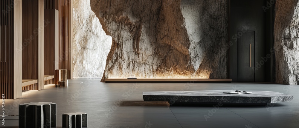 Poster austere studio with an onyx black abstract setting, adorned minimally with polished granite dã©cor a