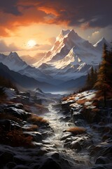 Beautiful winter mountain landscape with snow-capped peaks and river at sunset