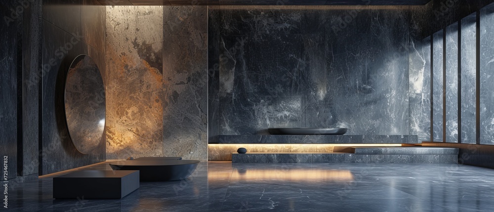 Poster austere studio with an onyx black abstract setting, adorned minimally with polished granite dã©cor a