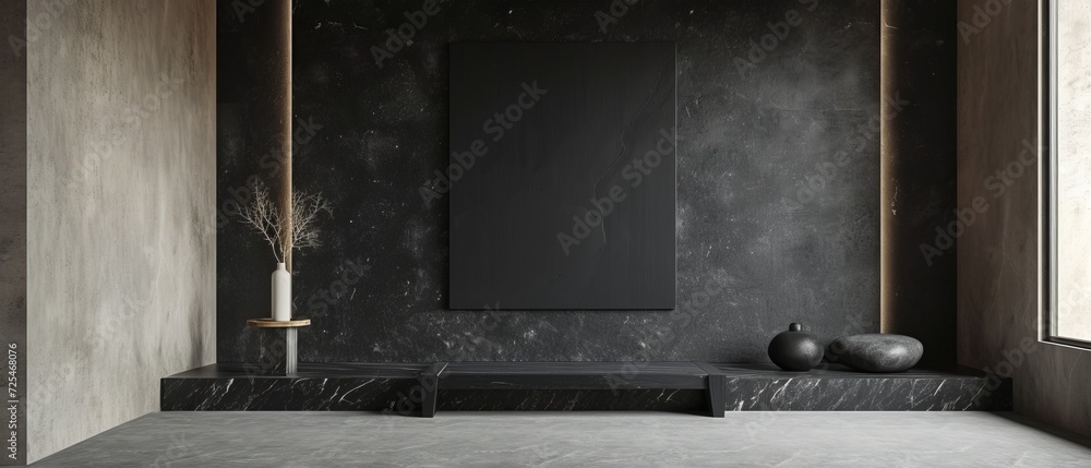 Poster bare studio space with a jet-black abstract canvas, complemented by dark marble surfaces and minimal