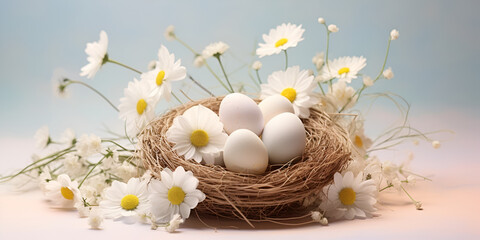 Birds nest with white eggs and hawthorn blossom flowers, Eggs In A Basket With Spring Plants And Flowers On White Background