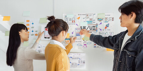 team of UI UX web designer are working together to develop mobile responsive websites with UI UX...