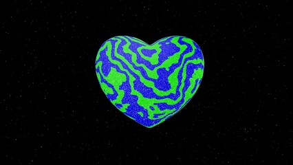  3d glitter neon glow the World Earth Day heart planet in space sky black isolated background. Life and peace concept. Y2K retro
