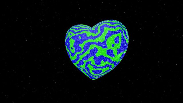 3d glitter neon glow the World Earth Day heart planet in space sky black isolated background.  Life and peace concept. Y2K retro. Animation 30fps 4k loop
