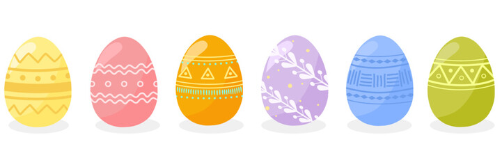 Happy Easter. Colorful painted easter eggs in a row isolated vector flat design on white background. Holiday elements.