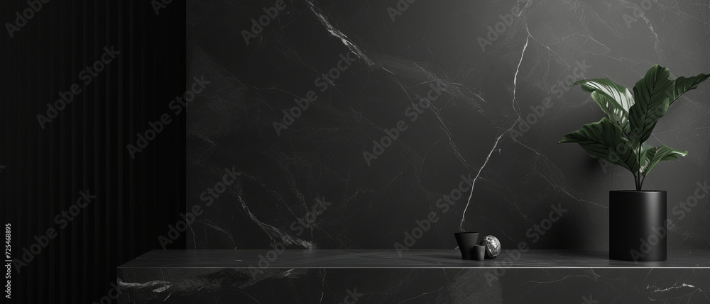 Poster minimalist studio dominated by a slate black abstract theme, with a focus on monochrome marble patte