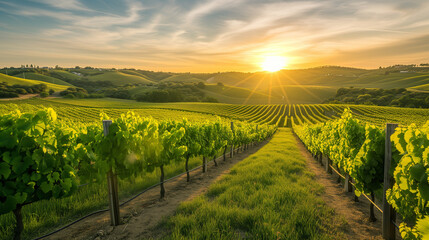 Fototapeta na wymiar Sunset Stroll through Lush Vineyard - Green Grapevines and Rolling Hills in Wine Country Landscape for Agriculture and Viticulture Themes