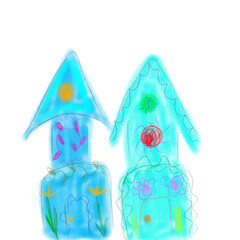 Green blue fairy house watercolor 
