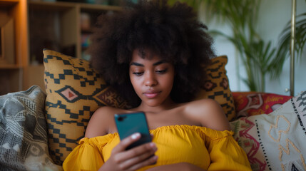 Content Young Woman with Afro on Couch Using Smartphone - Relaxed Lifestyle, Modern Technology, and Home Comfort
