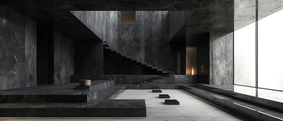 Sparse studio with a deep charcoal black abstract wall, featuring sleek marble accents and a few select geometric stone sculptures - obrazy, fototapety, plakaty