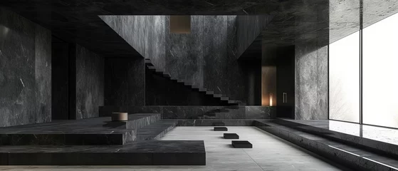 Foto op Canvas Sparse studio with a deep charcoal black abstract wall, featuring sleek marble accents and a few select geometric stone sculptures © Bilas AI