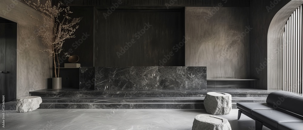 Poster sparsely furnished studio with a deep obsidian black setting, accented by minimalist granite install