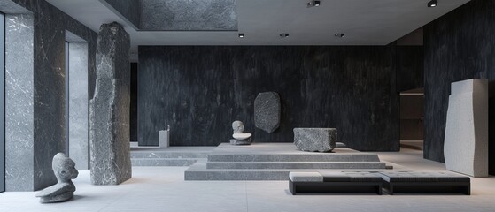 Sparsely furnished studio with a deep obsidian black setting, accented by minimalist granite installations, creating a contemplative, artistic space.