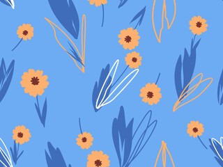 Obraz na płótnie Canvas Seamless pattern with hand drawn leaf and yellow flower on blue background vector illustration.