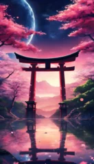Gordijnen Colorful Vibrant Anime Torii Gate Japanese Landscape with Sakura and Galactic Sky Vertical Background © Nouzen