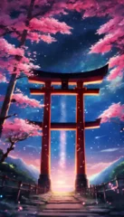 Foto op Aluminium Colorful Vibrant Anime Torii Gate Japanese Landscape with Sakura and Galactic Sky Vertical Background © Nouzen