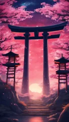 Gardinen Colorful Vibrant Anime Torii Gate Japanese Landscape with Sakura and Galactic Sky Vertical Background © Nouzen