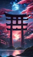 Zelfklevend Fotobehang Colorful Vibrant Anime Torii Gate Japanese Landscape with Sakura and Galactic Sky Vertical Background © Nouzen