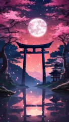 Tafelkleed Colorful Vibrant Anime Torii Gate Japanese Landscape with Sakura and Galactic Sky Vertical Background © Nouzen