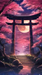 Gordijnen Colorful Vibrant Anime Torii Gate Japanese Landscape with Sakura and Galactic Sky Vertical Background © Nouzen