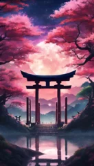 Foto op Canvas Colorful Vibrant Anime Torii Gate Japanese Landscape with Sakura and Galactic Sky Vertical Background © Nouzen