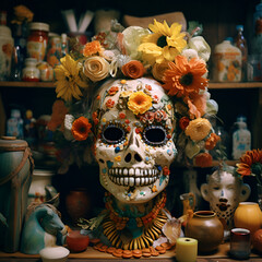 skeleton of the dead with flowers