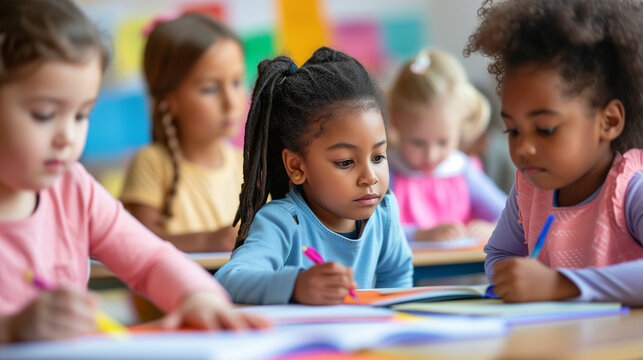 Multicultural group of kids sit at tables with books and study at primary school. Education, knowledge, development or studying.
