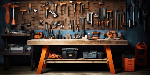 work bench with tools on the wall.