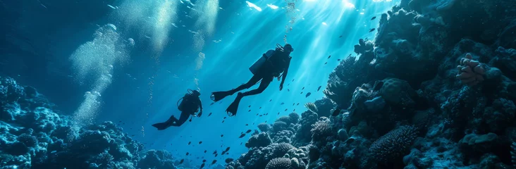 Poster Scuba diving, underwater or diver swimming and exploring for marine adventure, hobby or vacation activity. Beautiful, blue and clear calm ocean view for travel, exploration or environmental discovery © MalamboBot/Peopleimages - AI